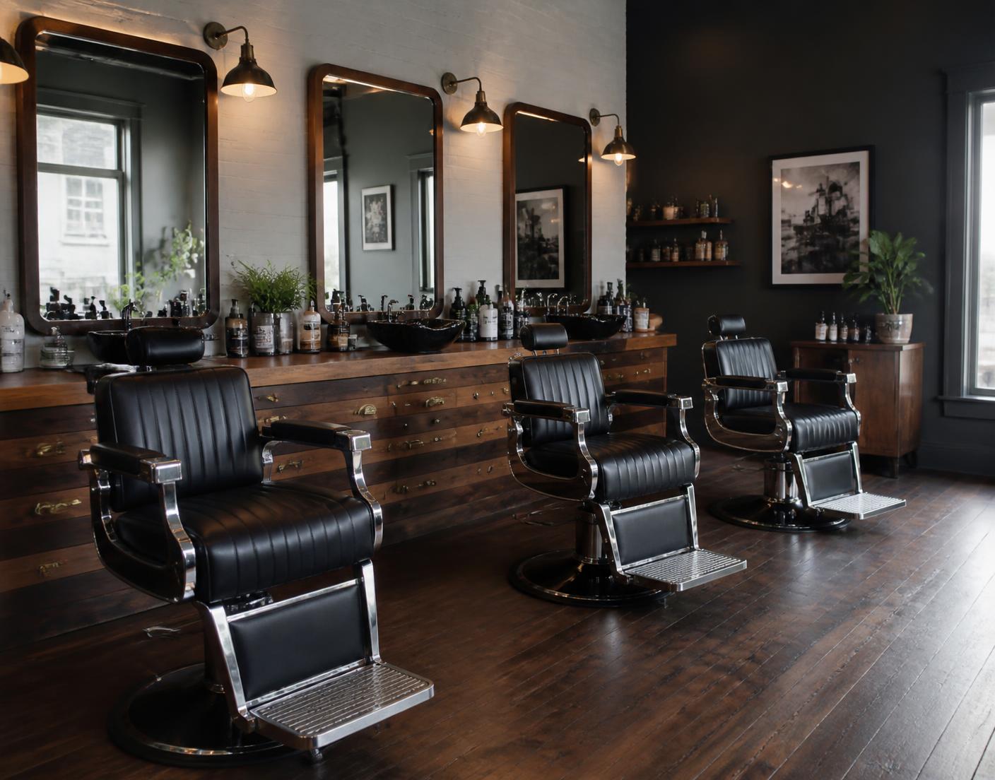 Interior of Heritage Barber Co. with leather chairs and mirrors